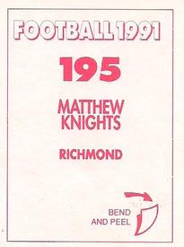 1991 Select AFL Stickers #195 Matthew Knights Back